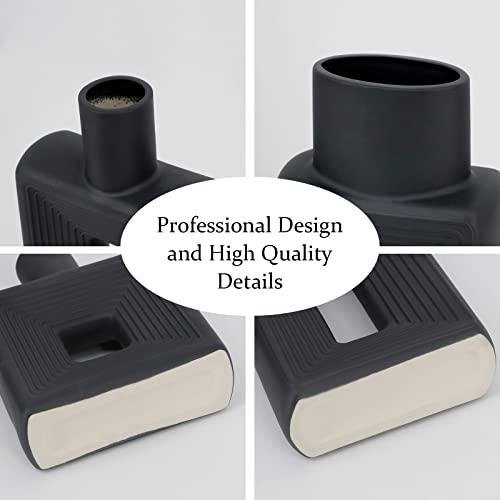 Black Ceramic Vase Set Of 2，Square Vase Rustic Home Decor Minimalist Nordic Boho Style For Living Room, Shelf , Table, Bookshelf, Mantel And Entryway Decor Vases #TOP4