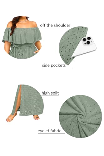 Image of Pinup Fashion Women Plus Size Summer Casual Off Shoulder Eyelet Maxi Dress | Breathable eyelet fabric,elegant ruffle,high waisted,stylish belt,side split,handy pockets,ideal for summer, wedding guest.