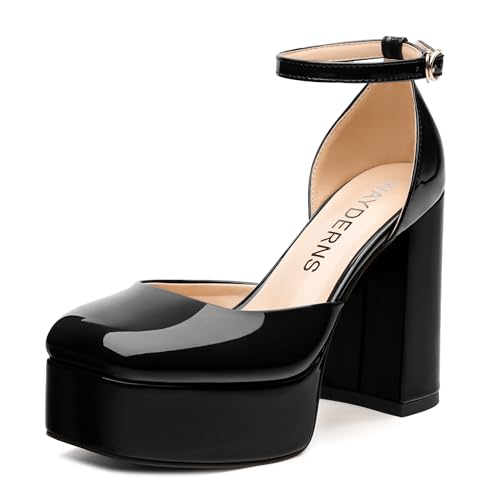 WAYDERNS Black Platform Heels for Women Block High Heel Patent Leather Closed Square Toe Ankle Strap 4.3 Inch Pumps Fashion Wedding Evening Party Dress Shoes Size 7.5