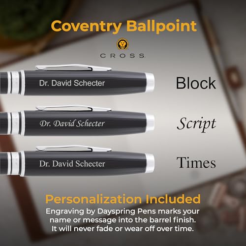 Personalized, Custom Engraved Cross Pen for Men or Women | Cross Coventry Ballpoint Pen | Luxury Gift for Office, Graduation and Business [Black Lacquer with Chrome Trim] - Thumbnail 4