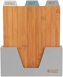 Russell Hobbs RH01366B8LDLDIR 3 Piece Bamboo Chopping Board Set with Holder, Index Style Wooden Cutting Boards for Contamination Prevention, Labelled Food Preparation Mats for Meat, Fruit, Vegetables