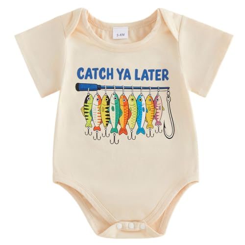 Retro Catch Ya Later Fishing Baby Bodysuit Fish Baby Outfit Baby Announcement Short Sleeve Romper(Beige Fish,3-6Months)