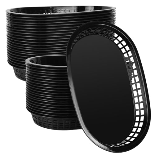 70PCS Oval Black Plastic Food Baskets 10.5×7inch Plastic Baskets For Food For Fried Chicken?Hamburger?French Fries?Hot Dog?Family Gathering Picnic