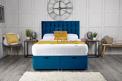 Image of Comfy Deluxe LTD Omega Ottoman Bed Base - 2FT6 Small Single, Blue | Plush Velvet Divan Storage Bed Frame with 26 Inch Cube Headboard | Gas Lift Side Opening | No Mattress Included | UK Made