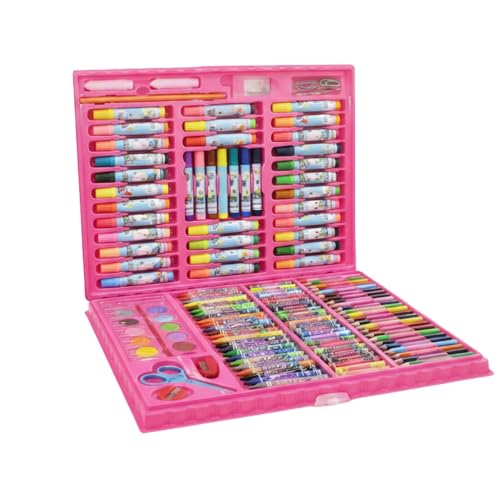 Maleta de Pintura Infantil Completa Rosa com 150 Peças - Kit de Desenho com Giz, Lápis e Aquarela para Crianças