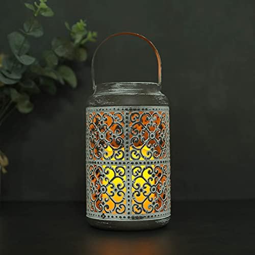 JHY DESIGN Set of 2 Metal Candle Holder 20cm Tall with Flameless LED Candles Decorative Candle Lantern Vintage Hanging Candle Stick Holders for Home Balcony Weddings Parties Indoor Outdoor(Grey)