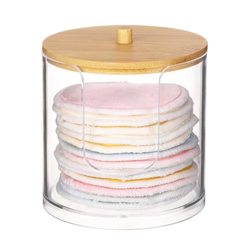 Image of Tbestmax Plastic Cotton Round Holder and Dispenser, Clear Bathroom Organizer Storage for Cotton Pads - Bamboo Lids