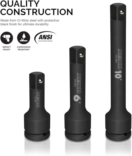 Image of NEIKO 00236A 3 /4-Inch-Drive Impact Extension-Bar Set, Made with CrV Steel, 4-Inch, 6-Inch, and 10-Inch Sizes, 3-Piece Set