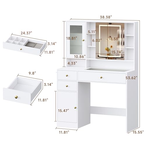 Image of HUANLEGO Vanity Desk with Mirror and Lights, White Vanity with Lighted Mirror and RGB Cabinet & Jewelry Organizers, Makeup Vanity Desk with Lights, Glass Top Dressing Table for Girls Bedroom