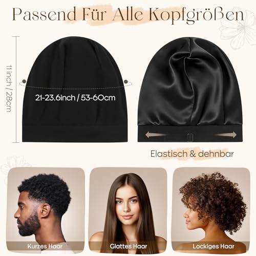 Kiiwah Schlafhaube zum Schlafen, Bambusfaser Schlafmütze Unisex Verstellbare Schlafhaube Seide, Weiche Satin Haarhaube Schlafmütze für Die Nacht, Silk Bonnet Haare für Damen Herren(Schwarz