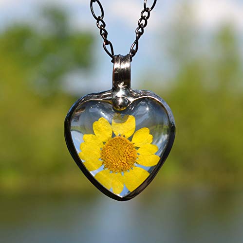 Large Sunflower Jewelry For Women, Real Dry Pressed Flowers, Terrarium Pendant, Handmade Glass Heart Necklace Gift #TOP5
