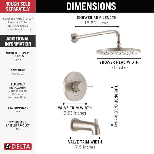 Image of Delta Faucet Modern Raincan Round Single-Function Tub and Shower Trim Kit Brushed Nickel, Tub Faucet Set, Rainfall Shower Head, Spotshield Stainless T14469-SP-PP (Valve Not Included)