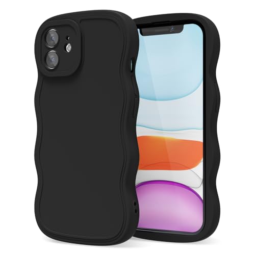 oakxco Silicone Case for iPhone 11 Case Wavy Edge, Cute Curly Wave Frame Ripple Trendy Design Girly Phone Case for Women, Y2k Aesthetic Solid Plain Soft Matte Rubber & Camera Cover Protection, Black