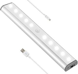 Stick-on Anywhere Portable Little Light Wireless LED Under Cabinet Lights 10-LED Motion Sensor Activated Night Light Build in Rechargeable Battery Magnetic Tape Lights for Closet,Cupboard (Silver1)