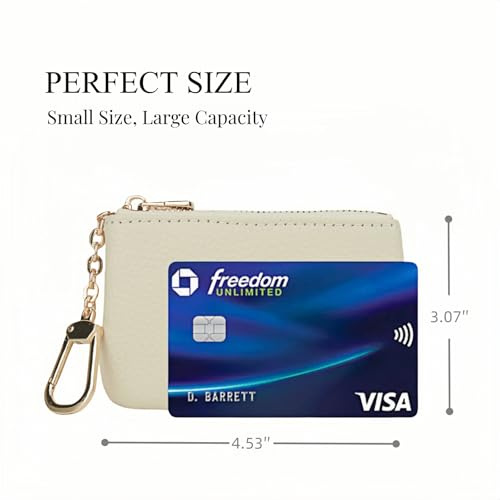 Image of Full Grain Leather Coin Purse with Key Chain - Small Change Purse Keychain Card Holder Keychain Pouch Small Keychain Wallet for Women and Men (Creamy-white), LA-2312