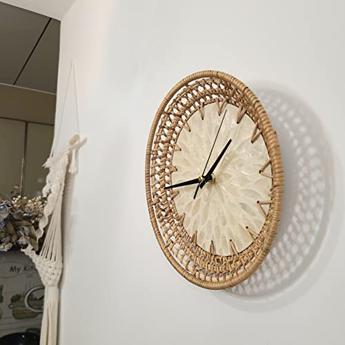 Handmade Rattan&Shell Wall Clock Unique, Minimalist Modern Home Decor, Rustic Cottagecore Clocks For Wall, Rattan Weaving, White（9.2X1.8Inch） #TOP3