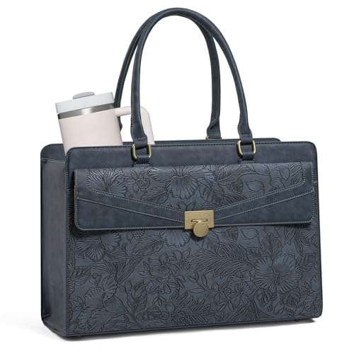Image of LOVEVOOK Laptop Tote Bag for Women, PU Leather Work Bag, Teacher Tote | with Large Cup Holder, Waterproof Vintage Briefcase for Business Travel & Commute, Magnetic Snap, Padded Laptop Pocket
