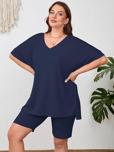 Image of AusLook Women's Plus Size 2 Piece Short Outfits Set Short Sleeve Tops and Shorts Pants Lounge Jogging outfits Matching Set