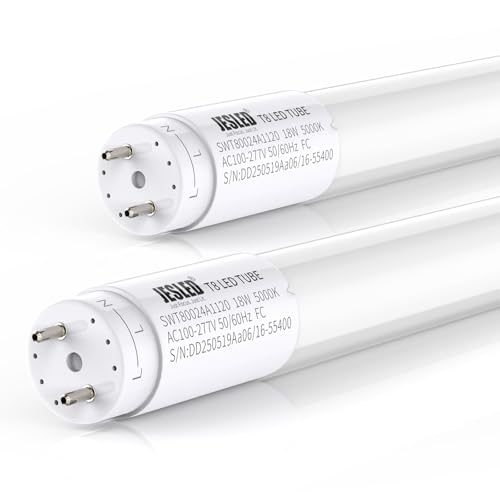 JESLED 2 Pack 4FT T8 LED Bulbs, 18W 2400LM 5000K Led Tube Light, Plug and Play or Ballast Bypass, Hybrid Type A+B T10 T12 Fluorescent Bulbs Replacement, Single or Double End Powered, ETL