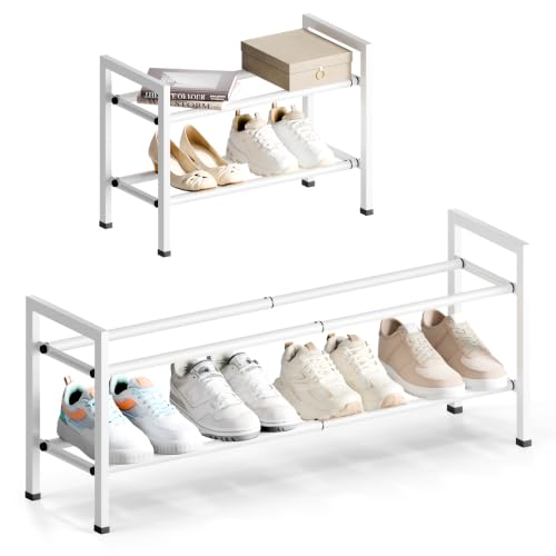 Image of Bumusty 2-Tier Expandable Shoe Rack for Closet, 18 inch-33 inch Adjustable Shoe Rack for Small Space, Small Shoe Organizer for Front Door, Sturdy Metal, White