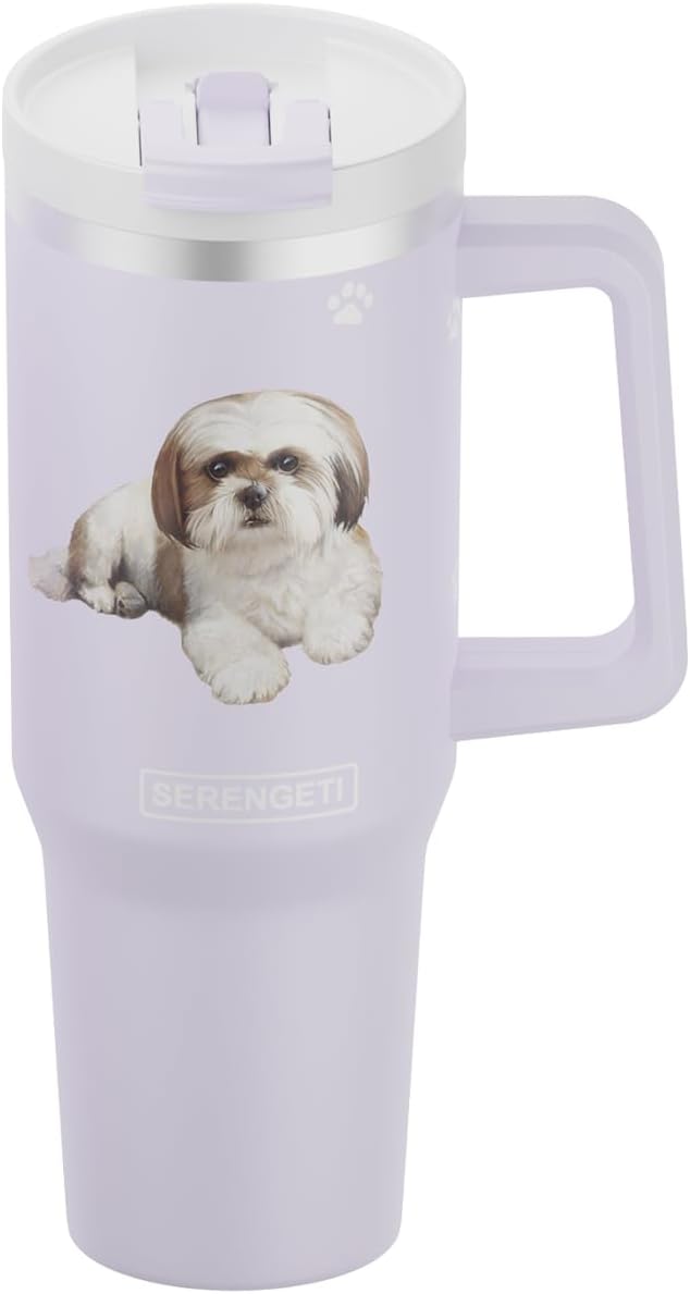 SERENGETI 40 Oz Ultimate Tumbler with Handle and Straw - Vacuum Insulated Tumbler with Straw and Lid - Stainless Steel Travel Mug for Pet Lovers - 3D Designs of your favorite Dog (Shih Tzu Tan)