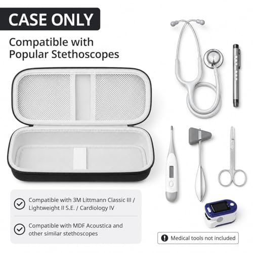Image of Stethoscope Case for 3M Littmann Classic III /Cardiology IV, Matt-Black | for MDF Acoustica Stethoscopes, for Nurses, Doctors, Nursing School Essentials, Students, Clinic, EMS, Travel, Hard Bag Only