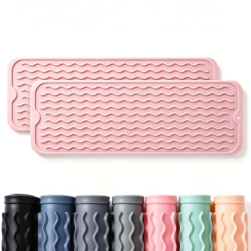 Image of 2 Pack Caketime Silicone Dish Drying Mat for Kitchen Counter Under Sink Organizer Near Bathroom Faucet Pad for Stove Top Placemats Soap Holder Stone Dryer Women Essentials Must Haves 17 inchx6 inch Pink