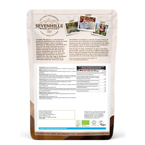 Sevenhills Wholefoods Kakaomasse Bio 500g Kakaopaste, Likör, Waffeln | für heiße Schokolade und Backen, ungesüßt, Knöpfe, Tropfen