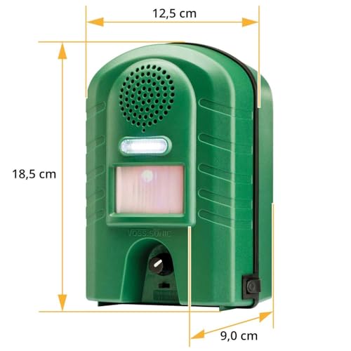 VOSS.sonic 2800 Ultraschall Vertreiber mit Bewegungsmelder & Blitz - Marderschreck, Katzenschreck, Tierschreck, Waschbären inkl. Netzteil und Erdstab