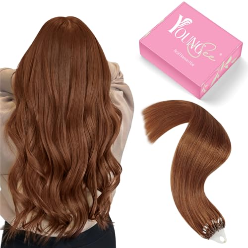 Image of YoungSee Micro Bead Hair Extensions Copper Micro Link Hair Extensions Real Human Hair Microring Hair Extension Copper Micro-Tip Hair Extension Color Real Human Hair for Cosplay 18 Inch 25g 25 Strands