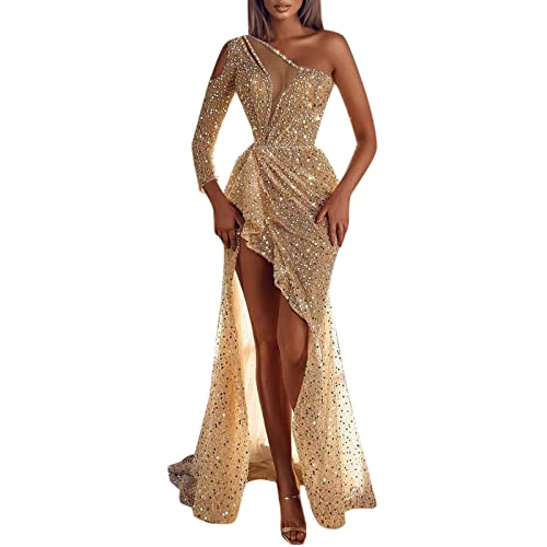 BOTCAM Robe de Cocktail à Paillettes pour Femme - Soirée Sexy - Maxi Dorée Élégante - Mariée, Or, S