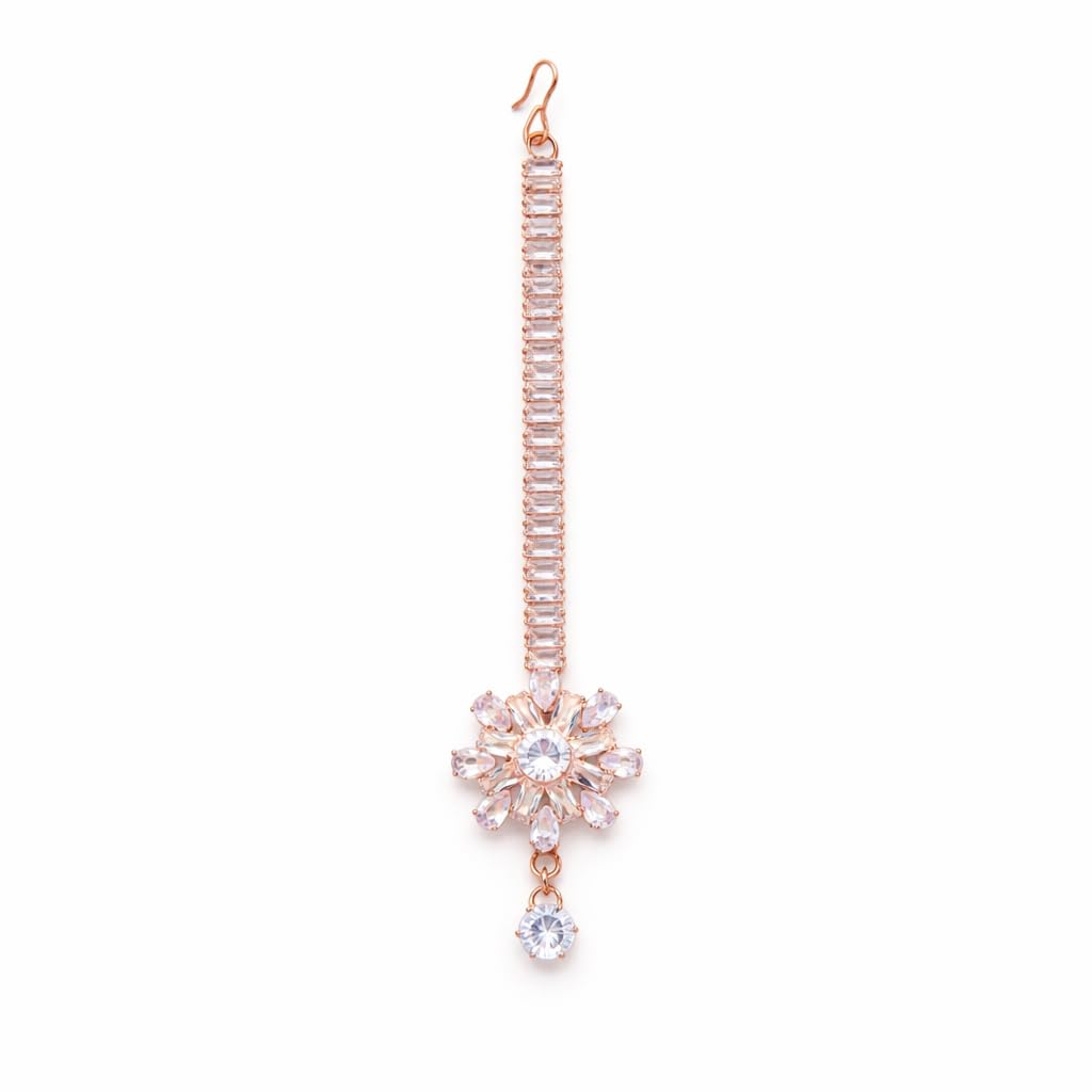 Glamorous Rose Gold Plated Bridal Tikka with Crystal Diamond Centerpiece-image-36