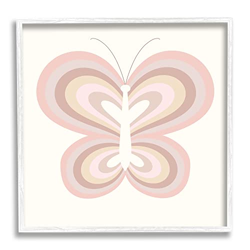 Stupell Industries Kids' Pink Butterfly Illustration Striped Rainbow Wings White Framed Wall Art, 12 x 12