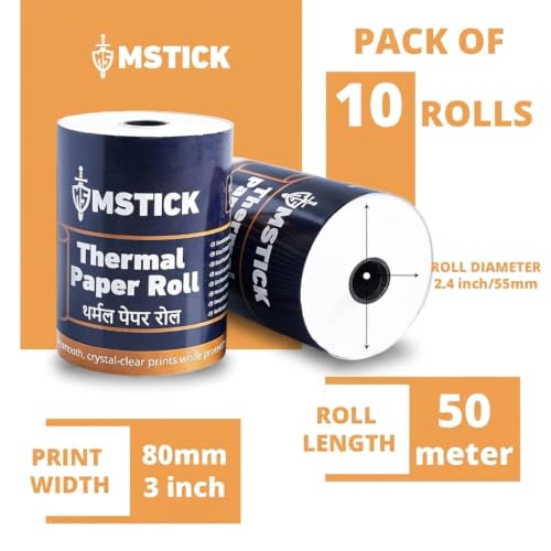 Image of MSTICK Premium Thermal Receipt Paper Rolls - 80mm (3 Inch) x 50 Meter - POS Billing Paper - Pack of 10 Rolls