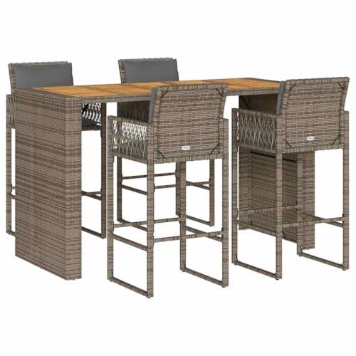 vidaXL 5-TLG. Gartenbar-Set mit Kissen Grau Poly Rattan Akazie, Garten...