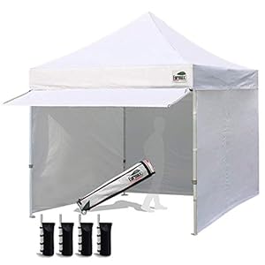 Eurmax USA 10 x 10 Pop up Canopy Commercial Tent Outdoor Party Canopies with 4 Removable Zippered Sidewalls and Roller Bag Bonus 4 Canopy Sand Bags 24 Squre Ft Extended AwningWhite