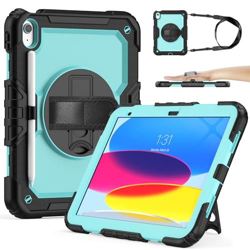Sibeitu Case for iPad 11th (A16) 2025 & 10th Generation Case 10.9 Inch 2022 with Screen Protector, Heavy Duty Protective Cover with 360° Swivel Hand Shoulder Strap Stand for iPad 11-inch/10th Gen