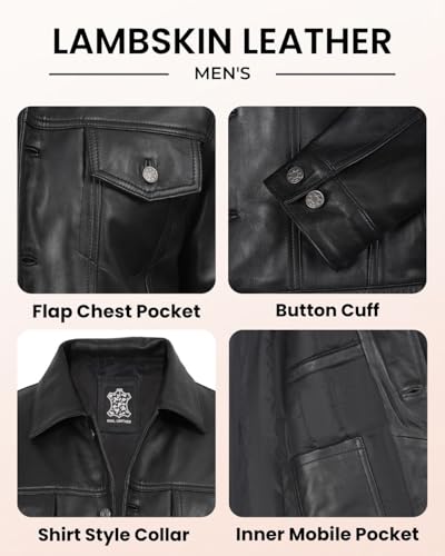Image of Blingsoul Men's Leather Jacket - Real Full-Grain Lambskin Trucker Jacket for Men