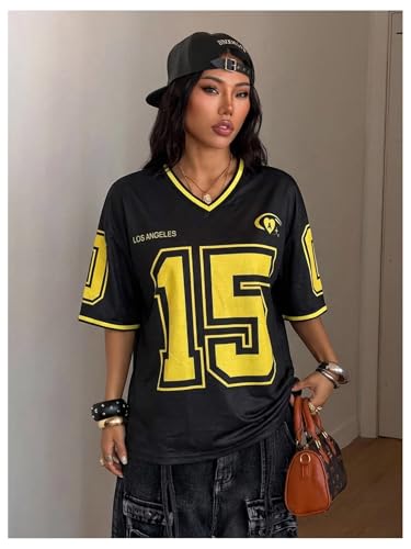 Image of SOLY HUX Jersey Shirts for Women Number Graphic Print V Neck Baggy Tees Hip Hop Streetwear