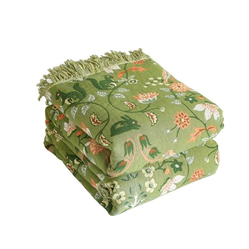 Bailix Premium Bohemian throw, 100% Cotton Cuddly Blanket with Fringes, Double-Sided Muslin, Boho Blanket, 230 x 250 cm, Cuddly Sofa Blanket and Bed Throw, Patchwork, Blanket for Room Green
