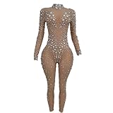 LuuMingCM Women Stage Big Pearls Rhinestones Stretchy Transparent Jumpsuit Evening Birthday Celebrate Outfit Sexy Dancer One Piece Outfit (Nude, One Size)