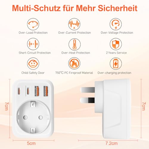 Denlane Adapter Australien, 5 in 1 Reiseadapter Australien mit 1 AC & 2 USB-C & 2 USB-A(3.4A), Adapter China Neuseeland Deutschland Stecker, Adapter Argentinien Fidschi, Reisestecker Typ I