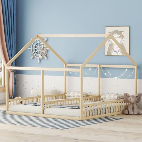 Merax Hausbett 90x200cm, 2-in-1 Kinderbett mit Rausfallschutz und Lattenrost, Funktionsbett Doppelbett für Zwei Kinder, Holz Baumhausbett für Mädchen & Jungen, Flachbett, Ohne Matratze, Natur