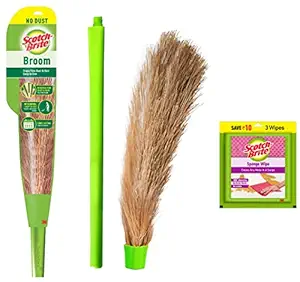 Scotch-Brite No-Dust Fiber Broom (Multi-Purpose, Green) & Sponge Wipe, Pack of 3 (Color May Vary) Combo