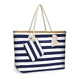 YEJIKJ Strandtasche Große mit Reißverschluss und Innentasche Wasserdicht Badetasche, Strandtasche XXL Familie Badetasche Damen, Gestreift Dunkelblau Weiß Shopper Schultertasche, 54 x 33 x 13.5 cm