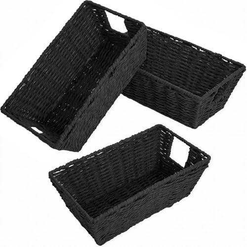 Paper Rope Storage Baskets for Shelves Organizing, Small Hand Woven Wicker Organizer Basket with Handle for Bathroom Toilet Paper Storage, Black, 3-Pack