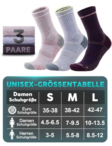 Juclise Merinowolle Wandersocken Kompression Anti Blasen Gepolstert Wollsocken Anti-Schweiß Atmungsaktiv Trekkingsocken Damen (DE/NL/SE/PL, Numerisch, 38, 42, Pflaumenmeliert + Flieder + Taro Mochi)