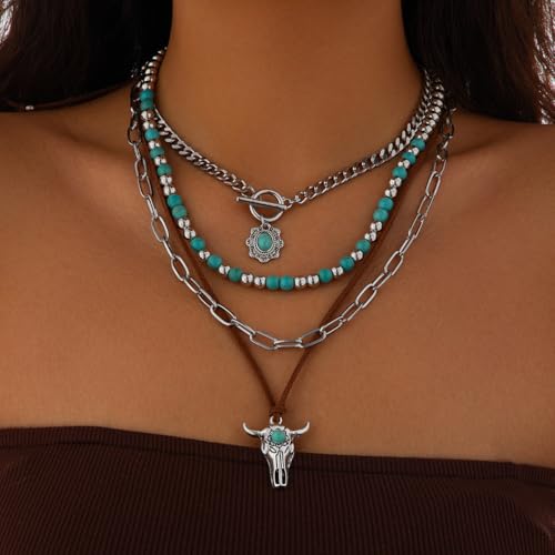 Western Necklaces for Women Layered Turquoise Beaded Boho Necklace Vintage Western Jewelry for Women Concert Country Necklaces Ox-Head Cow Cowboy Cowgirl Accessories2