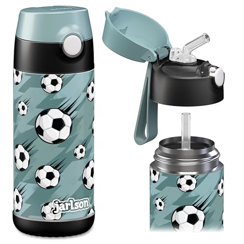 Jarlson® Botella Agua Niños & Niñas CHARLI [ACERO INOXIDABLE] - Garrafa Térmica Infantil Sin BPA - Water Bottle con Pajita - Botellas Inox a Prueba de Fugas (Fútbol, 350 ml)