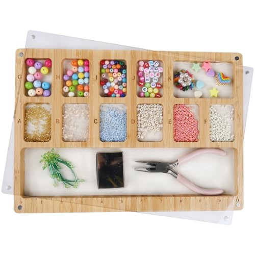 Favonuovy Beads Sorting Tray with Scoop, Magnetic Acrylic Lid, Band and Velvet Padding Bead Boards for Jewelry Bracelet Making Wood Beading Mat Engraved with 11in Ruler, 12 Compartments and Letter A-K